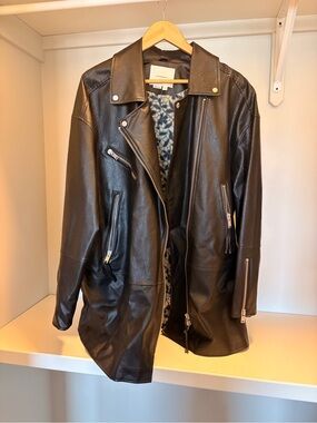 Anthropologie oversized Black Leather Moto Jacket with Silver Hardware